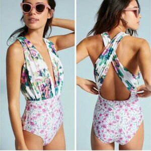 Anthropologie Allihop Zinnia Plunging Floral One Piece Bathing Suit